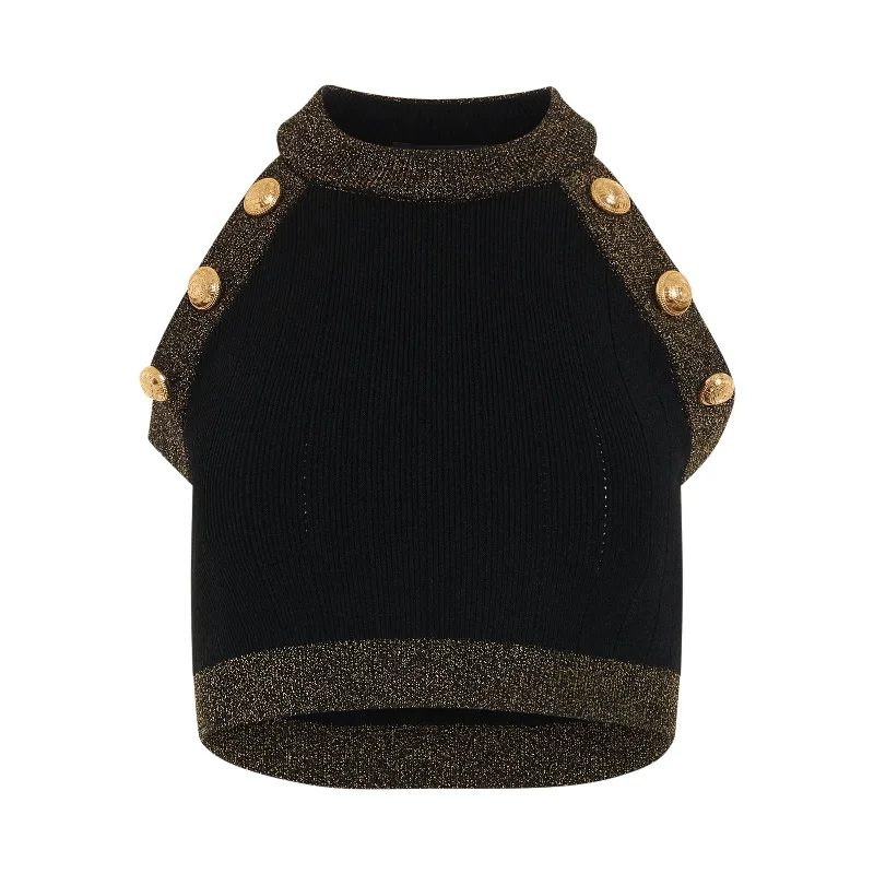 PVC Bucket Bag in Clear with Glitter Accents for a Fun and Edgy Style6 Button Golden Edge Knit Cropped Top in Black/Gold