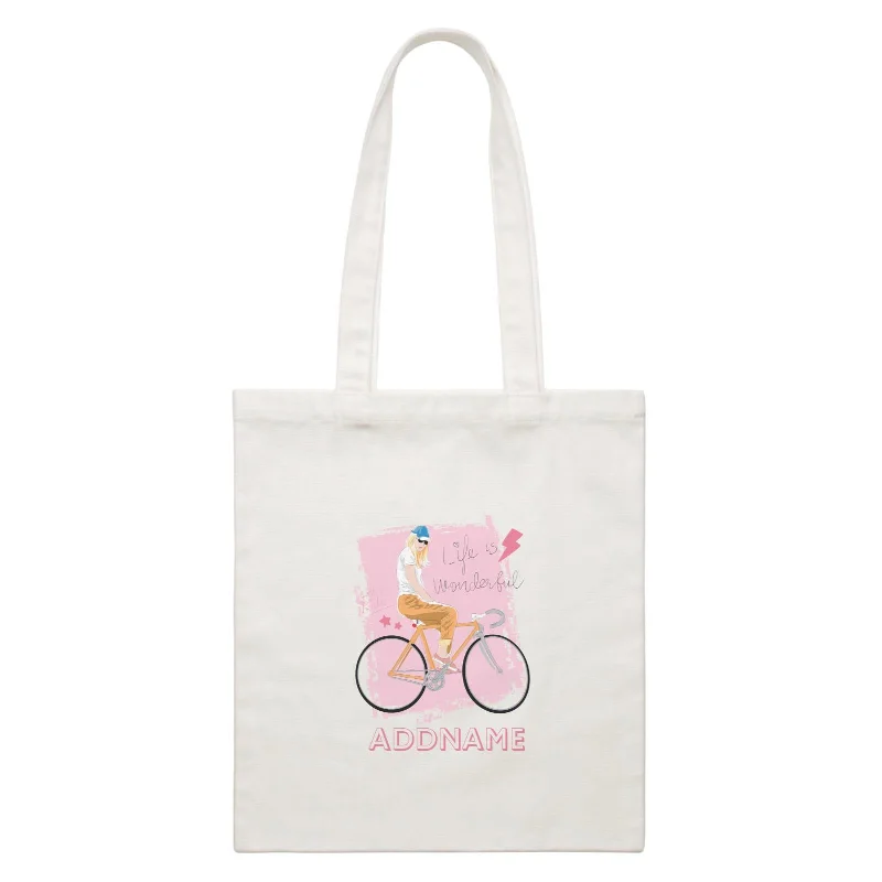 Plus - Size Canvas Tote Bag for Carrying Large ItemsBeautiful Chic Life Is Wonderful Bicycle with Addname White Canvas Bag