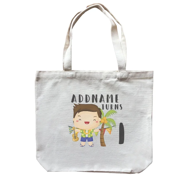 Multicolor Striped Canvas Tote Bag for Beach TripsBirthday Hawaii Boy Taking Ukelele Addname Turns 1 Canvas Bag