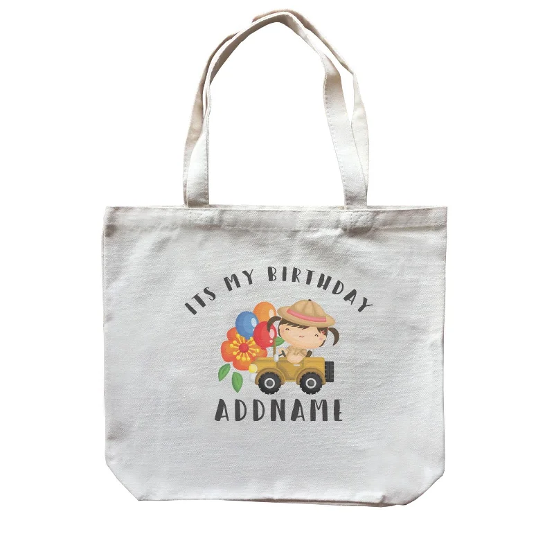 Multicolor Striped Canvas Tote Bag for Beach TripsBirthday Safari Explorer Girl Driving Jeep Car It's My Birthday Addname Canvas Bag