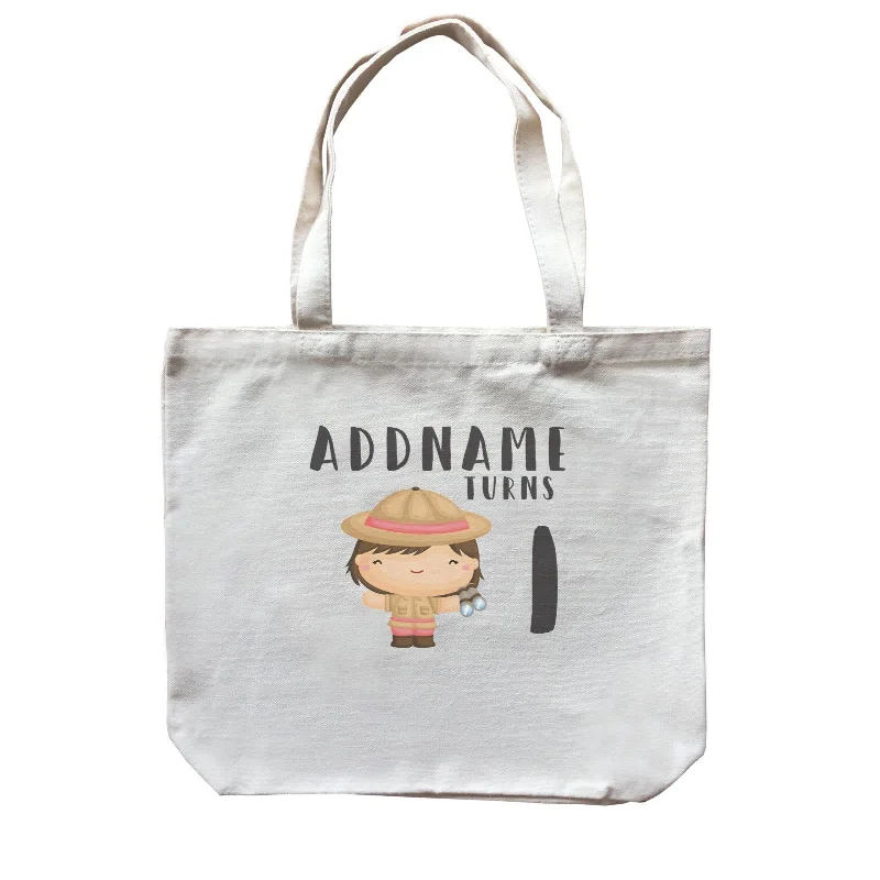 Plus - Size Canvas Tote Bag for Carrying Large ItemsBirthday Safari Little Explorer Baby Girl Addname Turns 1 Canvas Bag