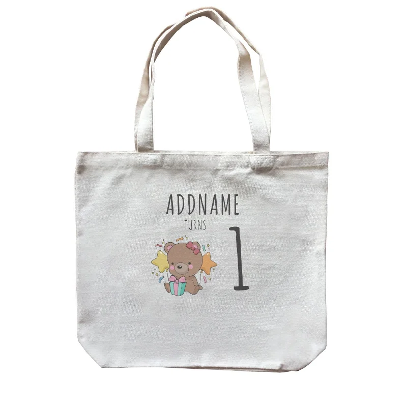 Multicolor Striped Canvas Tote Bag for Beach TripsBirthday Sketch Animals Bear with Present Addname Turns 1 Canvas Bag