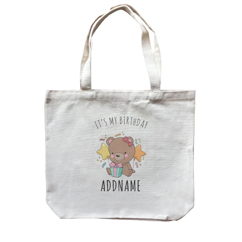 Customizable Canvas Tote Bag for Brand PromotionBirthday Sketch Animals Bear with Present It's My Birthday Addname Canvas Bag