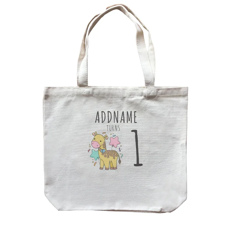 Customizable Canvas Tote Bag for Brand PromotionBirthday Sketch Animals Giraffe with Party Horn Addname Turns 1 Canvas Bag