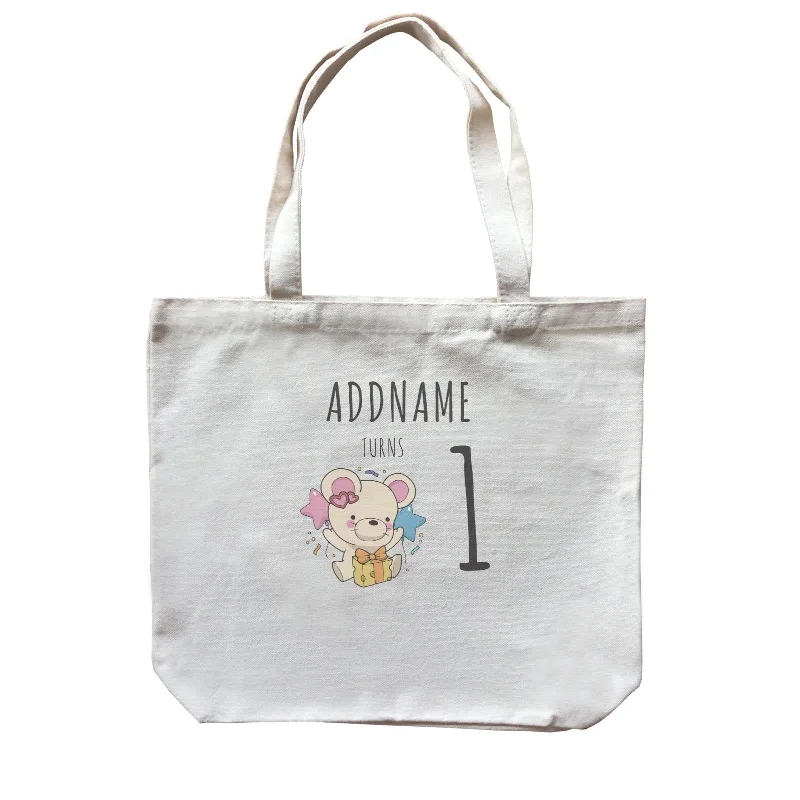 Plus - Size Canvas Tote Bag for Carrying Large ItemsBirthday Sketch Animals Mouse with Cheese Present Addname Turns 1 Canvas Bag