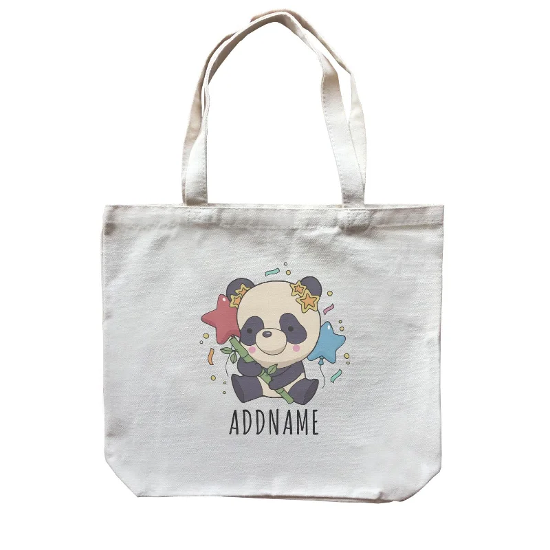 Customizable Canvas Tote Bag for Brand PromotionBirthday Sketch Animals Panda with Party Hat Holding Bamboo Addname Canvas Bag