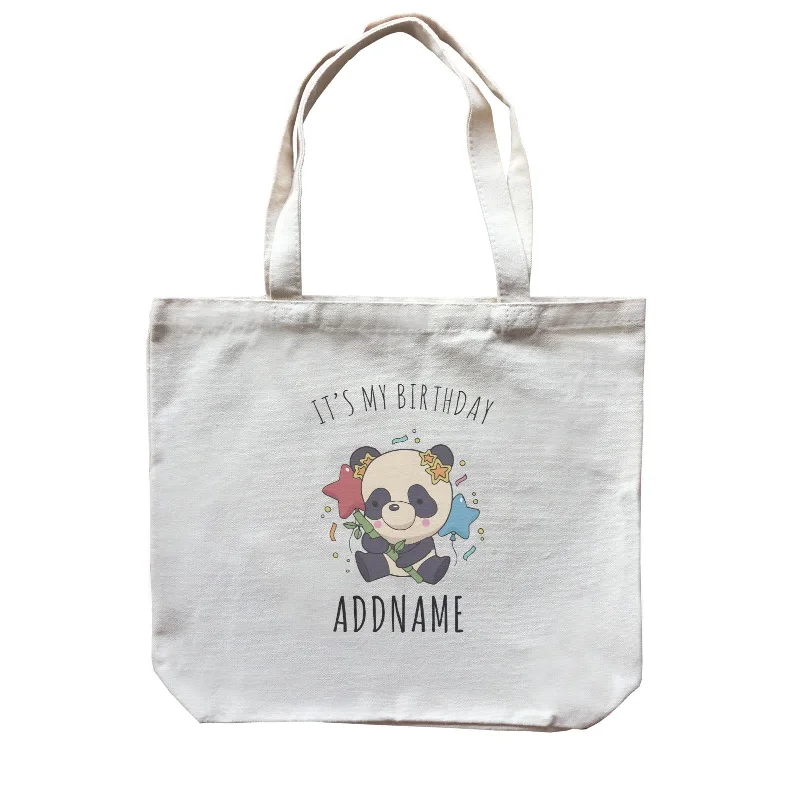 Multicolor Striped Canvas Tote Bag for Beach TripsBirthday Sketch Animals Panda with Party Hat Holding Bamboo It's My Birthday Addname Canvas Bag