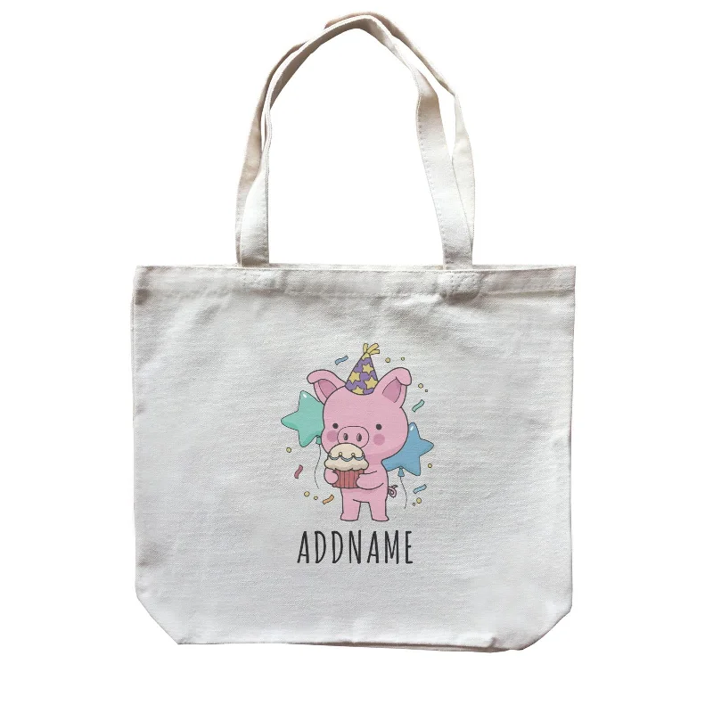 Canvas Beach Bag with Mesh Pockets for Sand - Free DryingBirthday Sketch Animals Pig with Party Hat Eating Cupcake Addname Canvas Bag