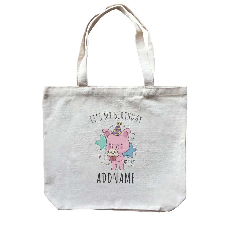 Recycled Canvas Shoulder Bag for Eco - Conscious ConsumersBirthday Sketch Animals Pig with Party Hat Eating Cupcake It's My Birthday Addname Canvas Bag