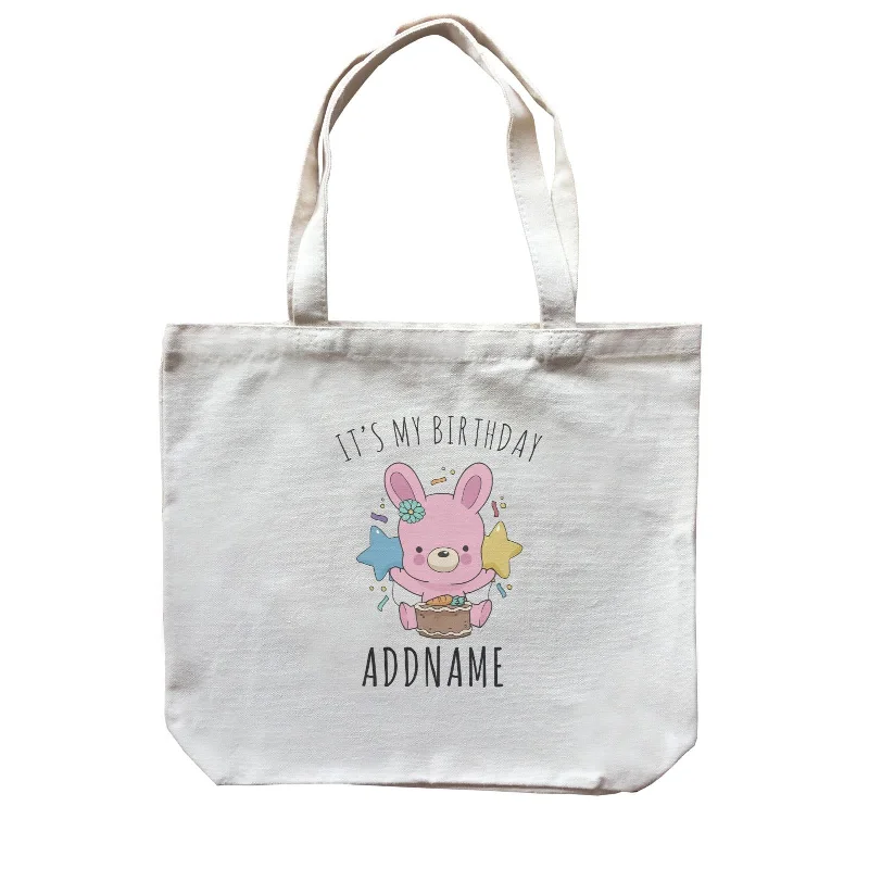 Canvas Beach Bag with Mesh Pockets for Sand - Free DryingBirthday Sketch Animals Rabbit With Carrot Cake It's My Birthday Addname Canvas Bag