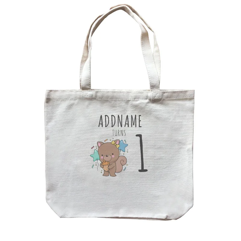 Small Canvas Crossbody Bag with Zipper Pocket for Travel EssentialsBirthday Sketch Animals Squirrel with Acorn Addname Turns 1 Canvas Bag