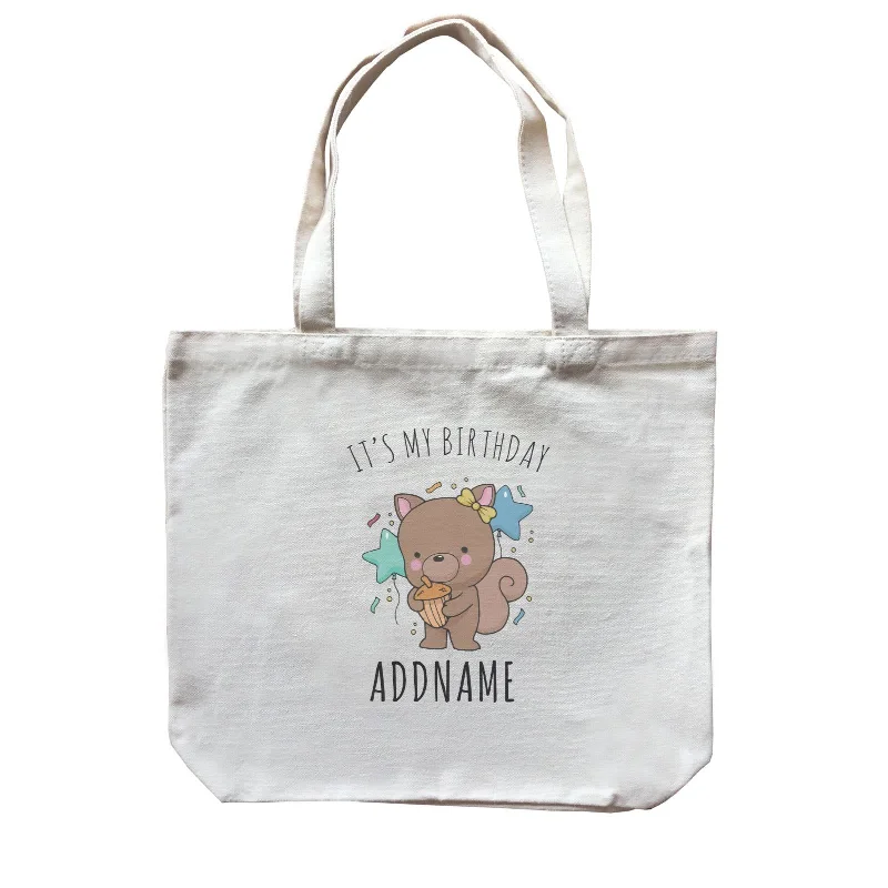 Canvas Drawstring Backpack for Gym and Workout GearBirthday Sketch Animals Squirrel with Acorn It's My Birthday Addname Canvas Bag