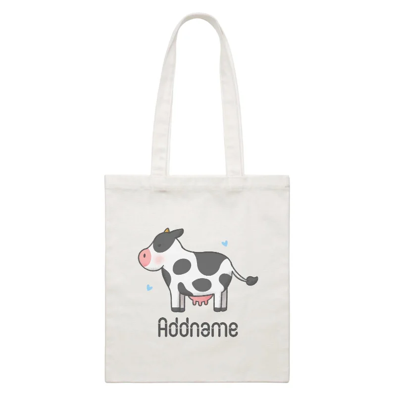 Multicolor Striped Canvas Tote Bag for Beach TripsCute Hand Drawn Style Cow Addname White Canvas Bag