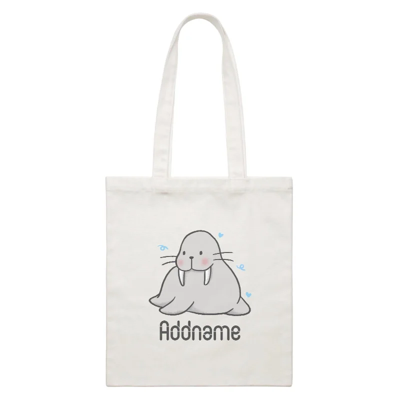 Small Canvas Crossbody Bag with Zipper Pocket for Travel EssentialsCute Hand Drawn Style Walrus Addname White Canvas Bag