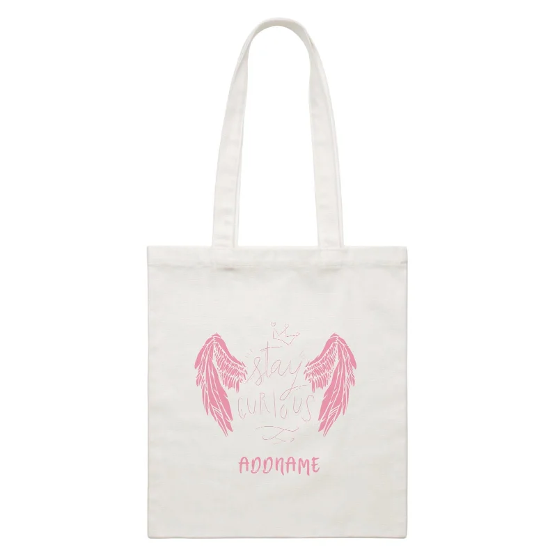 Multicolor Striped Canvas Tote Bag for Beach TripsGirl Power Quotes Stay Curious Pink Angel Wings With Addnames White Canvas Bag