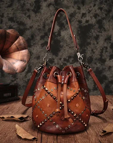 Women's Bucket Bag with Magnetic Closure in Purple for Easy AccessBrown Leather Womens Bucket Handbag Shoulder Bag Studded Western Leather Shoulder Barrel Bag Purse