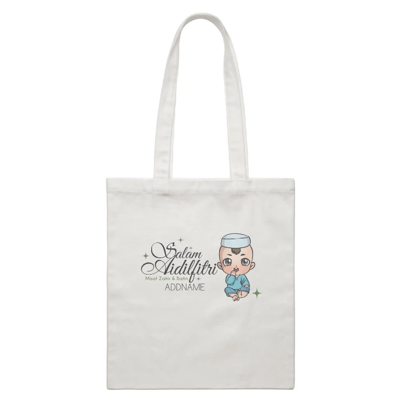 Customizable Canvas Tote Bag for Brand PromotionRaya Chibi Wishes Baby Boy Addname Wishes Everyone Salam Aidilfitri Maaf Zahir & Batin White Canvas Bag