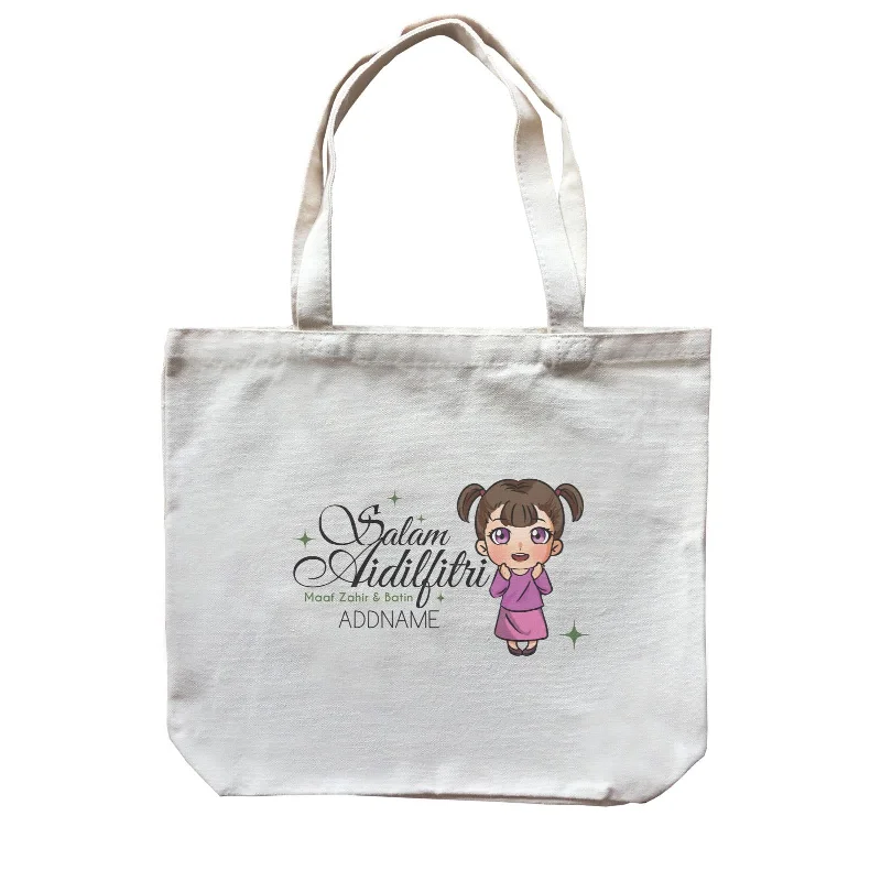 Large Capacity Canvas Tote Bag for Grocery Shopping with Reinforced HandlesRaya Chibi Wishes Little Girl Addname Wishes Everyone Salam Aidilfitri Maaf Zahir & Batin Accessories Canvas Bag