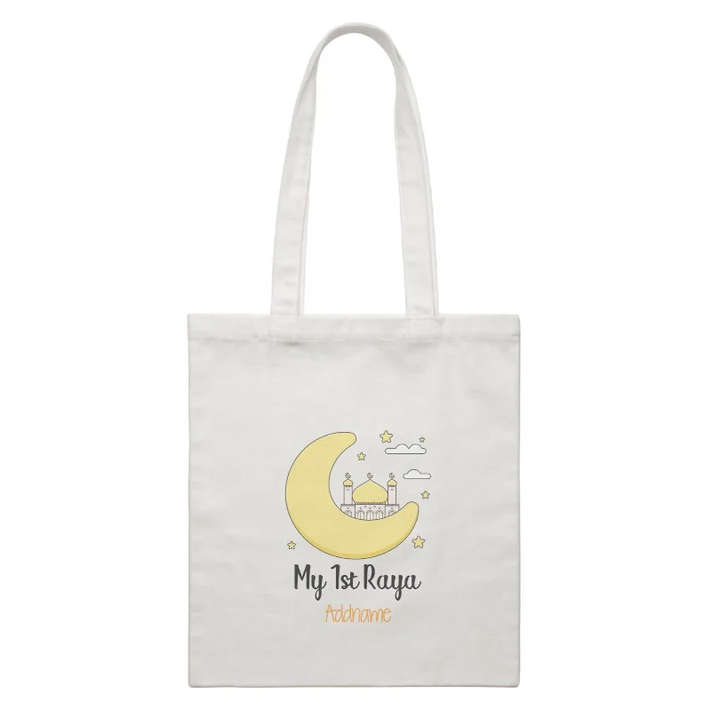 Customizable Canvas Tote Bag for Brand PromotionRaya Cute Mosque Cartoon Moon My 1st Raya Addname Accessories White Canvas Bag