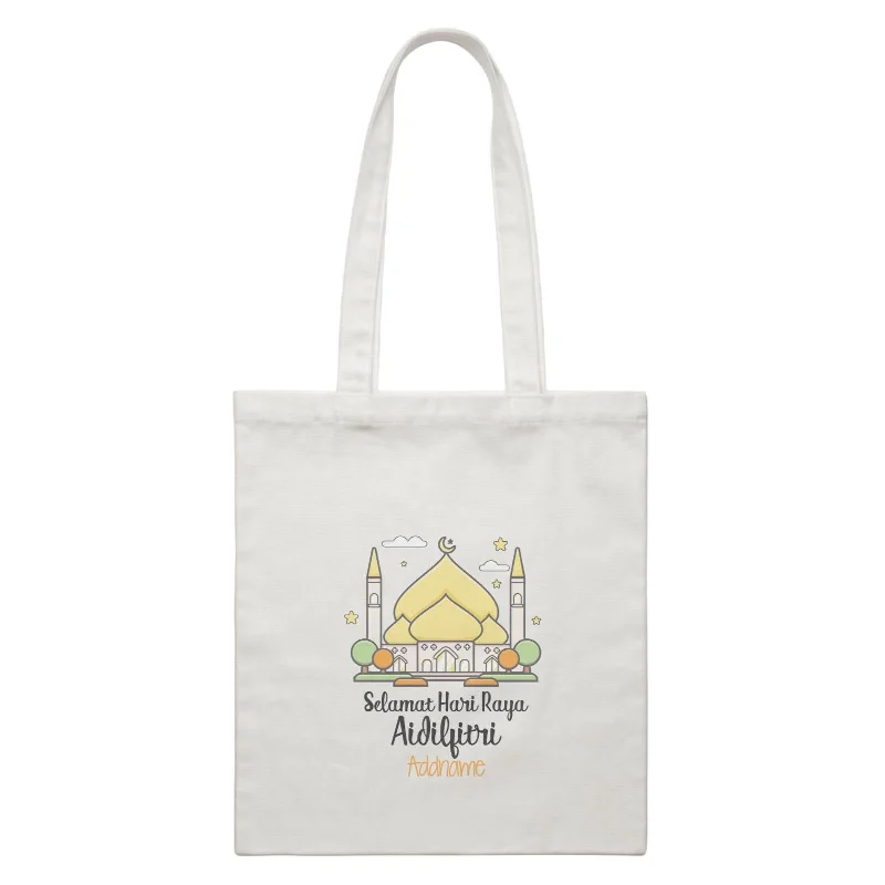 Multicolor Striped Canvas Tote Bag for Beach TripsRaya Cute Mosque Cartoon Mosque Selamat Hari Raya Aidilfitri Addname Accessories White Canvas Bag