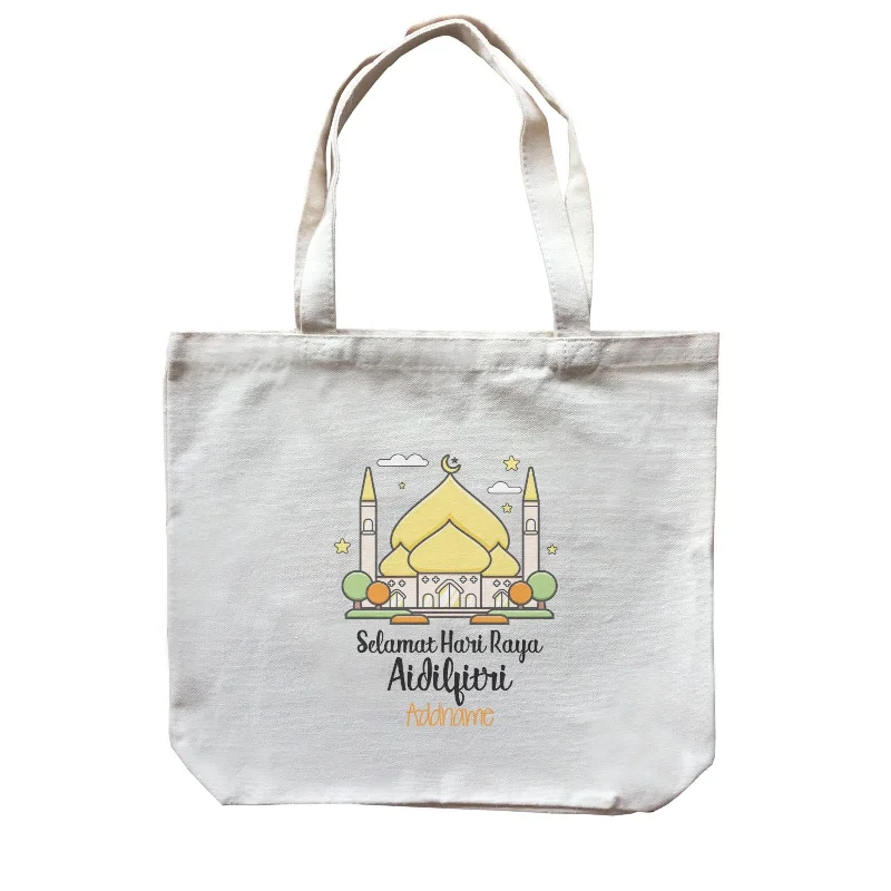 Canvas Bag with Leather Trim for a Stylish and Durable LookRaya Cute Mosque Cartoon Mosque Selamat Hari Raya Aidilfitri Addname Accessories Canvas Bag