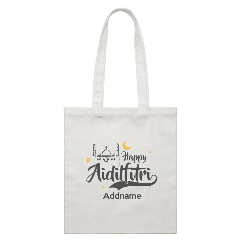 Plus - Size Canvas Tote Bag for Carrying Large ItemsRaya Typography Doodle Mosque Happy Aidilfitri Addname White Canvas Bag