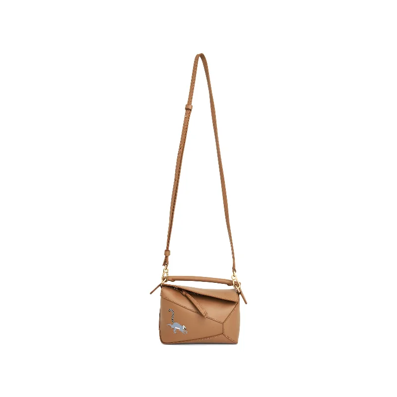 Satin Bucket Bag in Champagne with Rhinestone - Studded Logo for a Special OccasionSuna Fujita Lemur Mini Puzzle Edge Bag in Oak