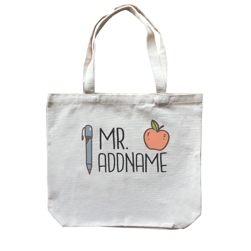 Multicolor Striped Canvas Tote Bag for Beach TripsTeacher Addname Apple And Pen Mr Addname Canvas Bag