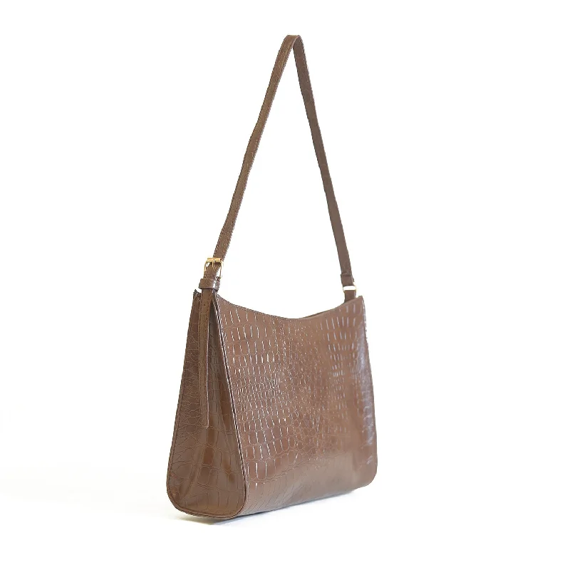 Linen Tote Bag in Natural Beige with Braided Details for a Rustic Summer EnsembleHalf Moon Crocodile Brown