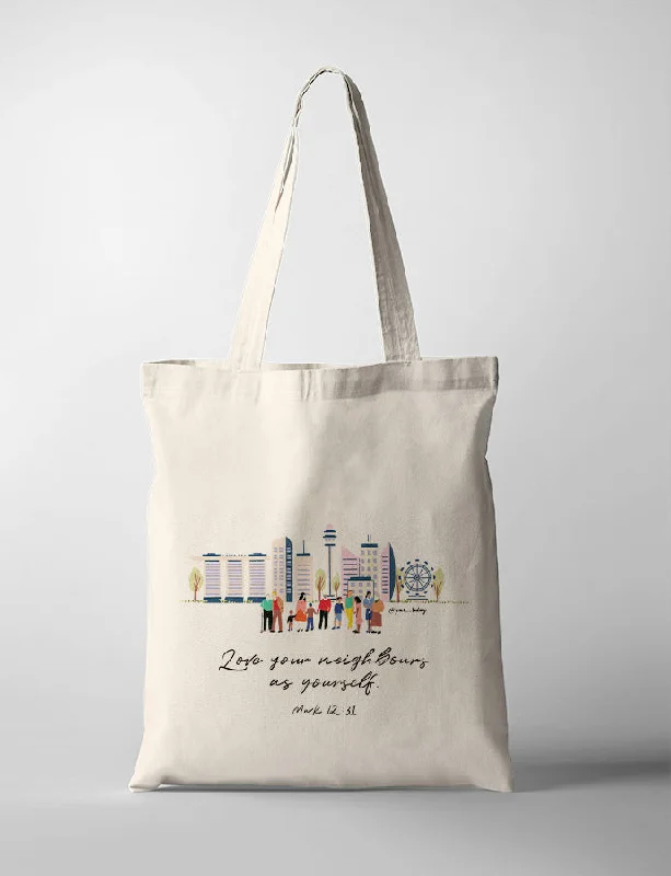 Oversized Jute Tote Bag in Natural Color with Rope Handles for a Beach VacationLove Your Neighbours (Skyline) {Tote Bag}