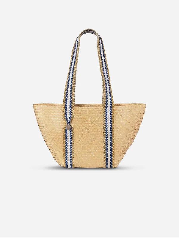 Patchwork Tote Bag in Denim with Vintage - Inspired Designs for a Retro AppealSiap Bamboo Vegan Medium Tapered Tote | Natural & Blue Stripe