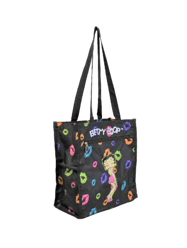 Women's Tote Bag with Detachable Pouch in Purple for Added ConvenienceWomen's Polyester Shopping Bag In Black/multi Kisses