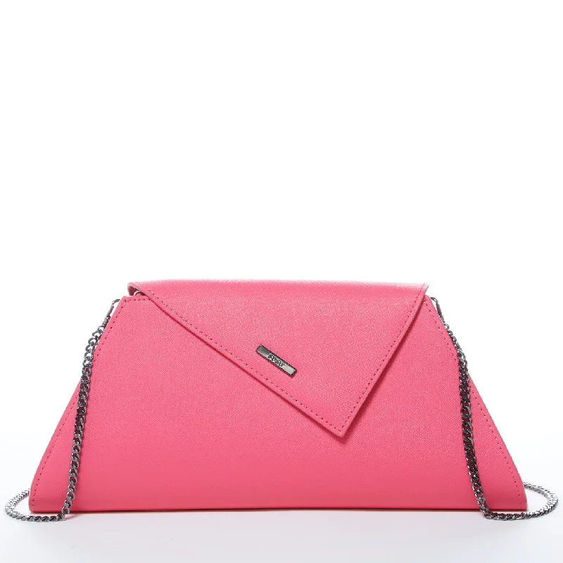 Leather Clutch with Chain Strap in Black for Cocktail PartiesAngelica Hot Pink Leather Clutch Bag