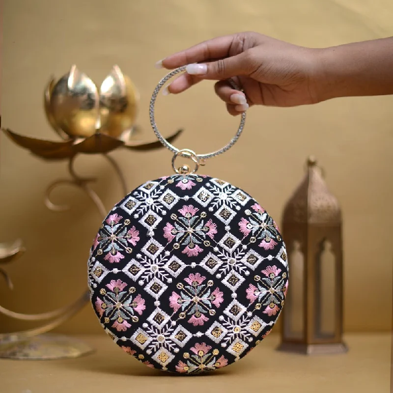 Mirrored Clutch in Silver for Futuristic - Themed GatheringsBlack And Pink Floral Embroidery Round Clutch