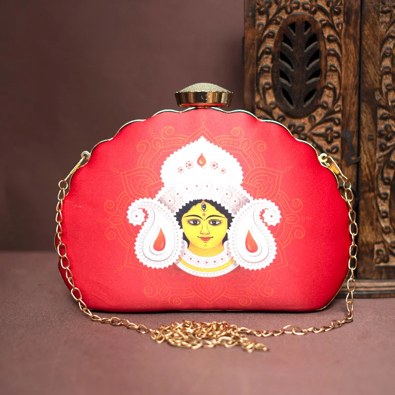 Women's Monogrammed Leather Clutch in Tan for Personalized StyleArtklim Red Durga Face Printed D-Shape  Clutch