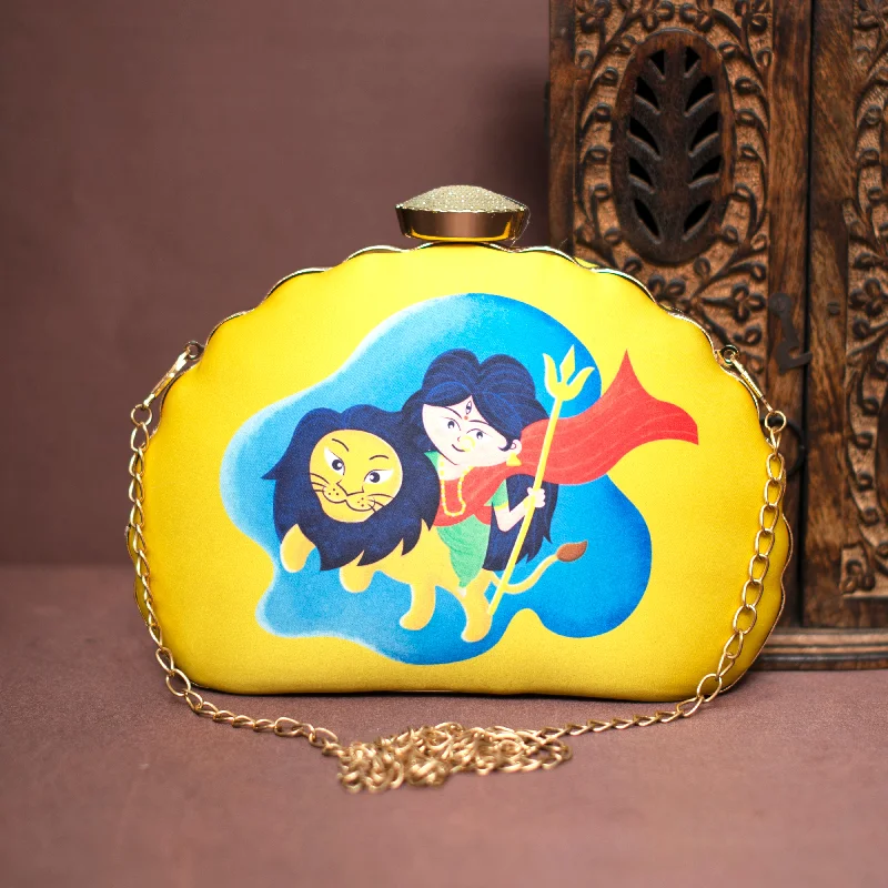 Women's Glittery Clutch in Blue for Disco - Themed EventsArtklim Yellow Durga  D-Shape Printed Clutch