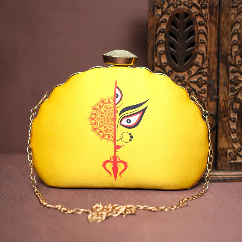 Women's Studded Leather Evening Bag in Black for Rock - n - Roll NightsArtklim Yellow Durga Printed  D-Shape Clutch