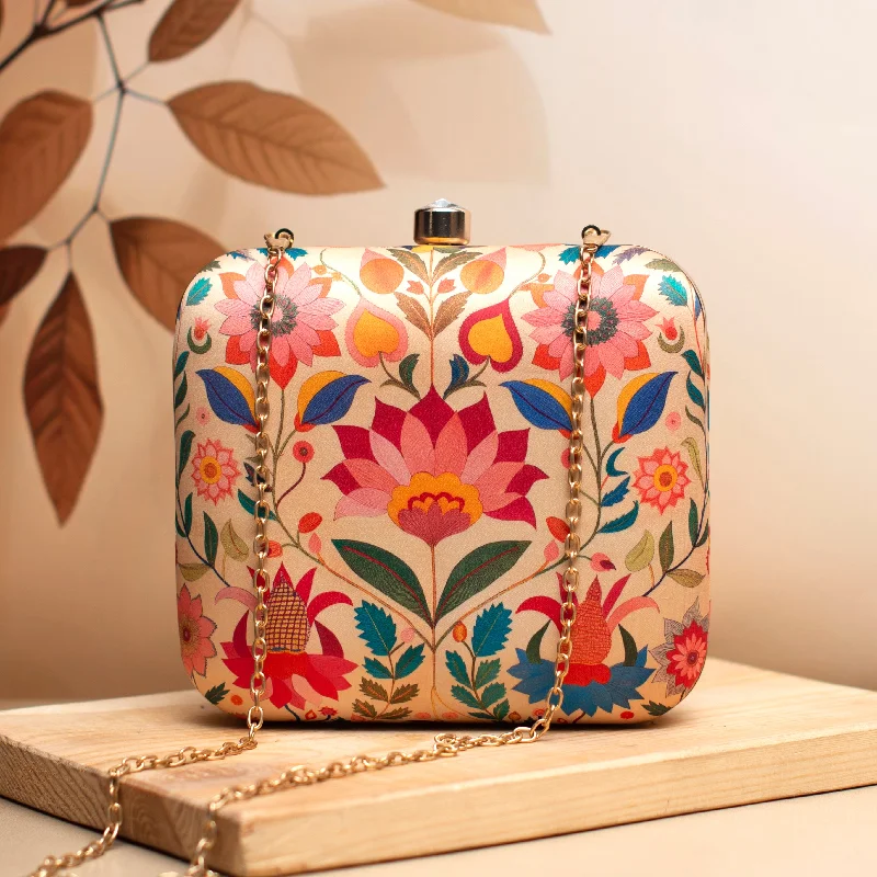 Floral - Printed Satin Clutch in Pink for Spring GalasBeige Based Floral Printed Clutch