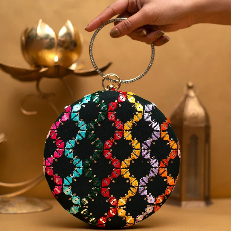 Women's Lizard - Print Clutch in Brown for a Chic LookBlack Based Multicoloured Round Embroidery Clutch