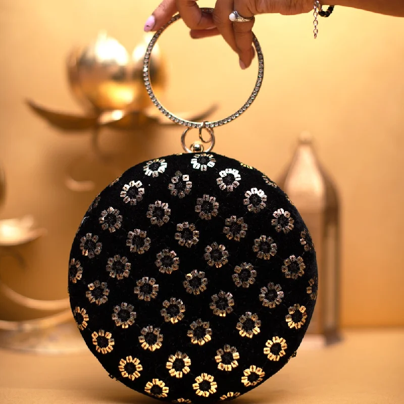 Women's Metallic Leather Clutch in Rose Gold for Valentine's DateBlack And Golden Embroidery Round Party Clutch