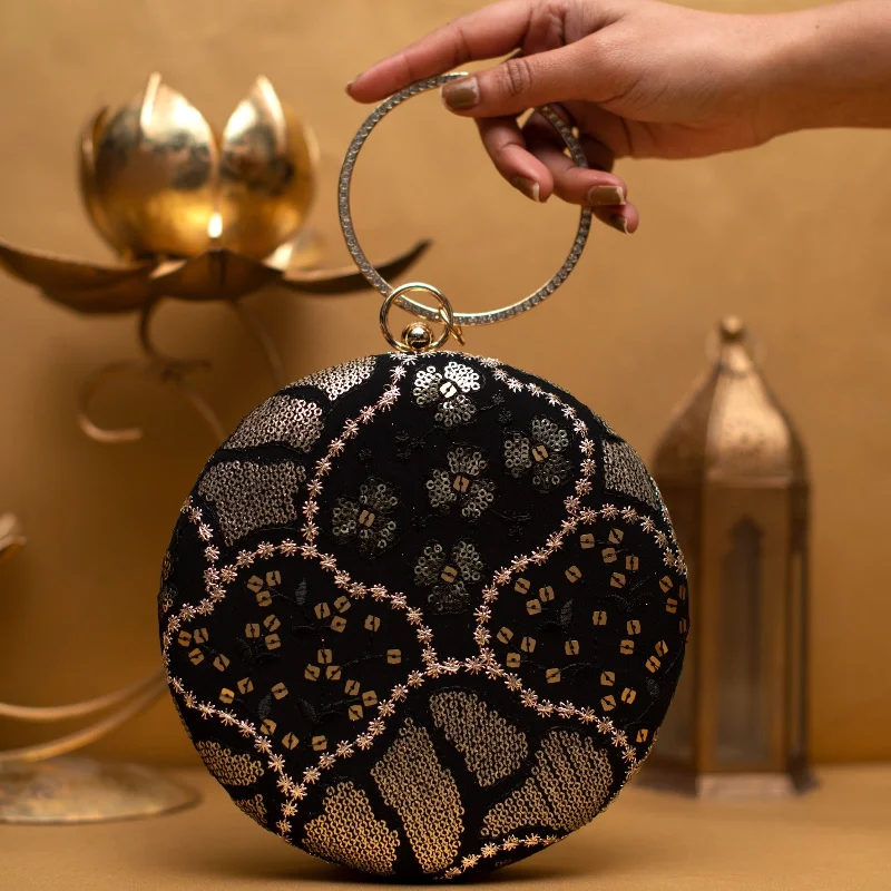 Women's Embroidered Silk Evening Bag in Navy for WeddingsBlack And Golden Round Embroidery Clutch