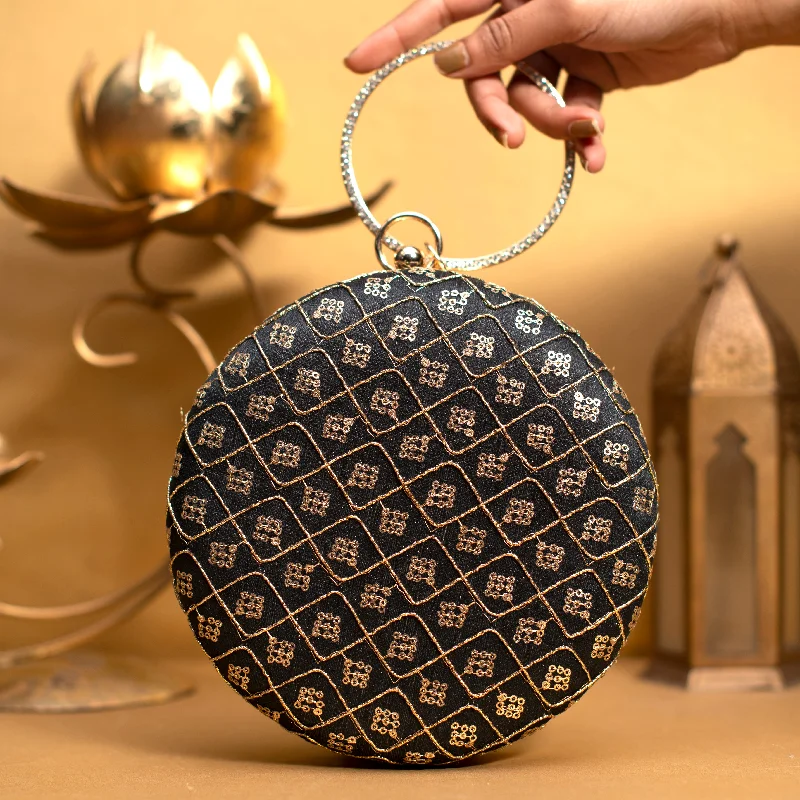 Women's Metallic Leather Clutch in Rose Gold for Valentine's DateBlack Sequins Embroidery Round Clutch