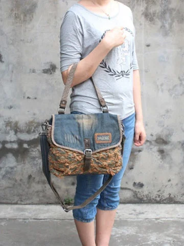 Canvas and Leather Combo Shoulder Bag in Tan for a Rustic LookDenim Side Bags Womens Blue Denim Messenger Bag Vintage Denim Shoulder Bag For Women