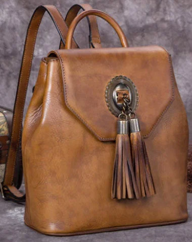 Leather - Trimmed Women's Backpacks in Cream for a Touch of LuxuryGenuine Handmade Leather Backpack Bag Tassel Vintage Shoulder Bag Women Leather Purse