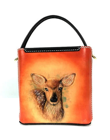 Hand - painted Canvas Crossbody Bag in Yellow for a Unique and Artistic LookHandmade Womens Tooled Leather Square Handbag Purse Deer Crossbody Bag for Women