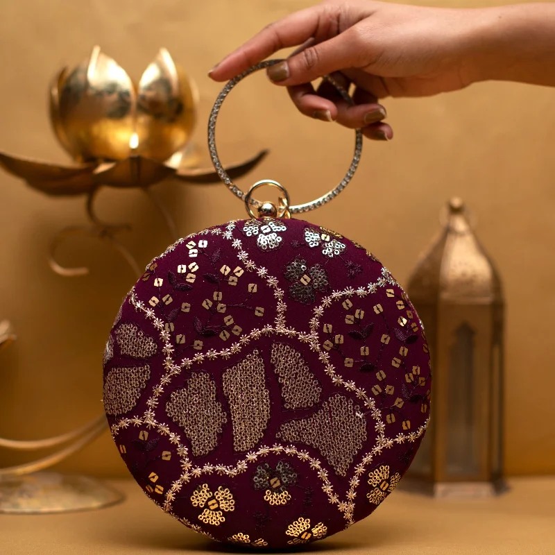 Velvet Clutch Bag in Burgundy with Crystal Embellishments for Formal DinnersMaroon And Golden Round Embroidery Clutch