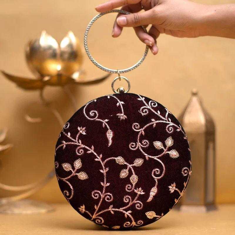 Leather Clutch with Chain Strap in Black for Cocktail PartiesMaroon And Golden Thread Embroidery Round Clutch