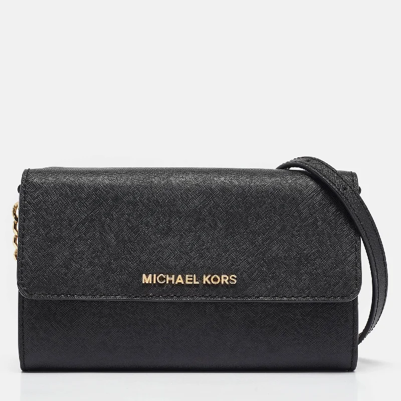 Leather - Trimmed Denim Crossbody Bag in Blue for a Vintage - Inspired LookMichael Kors Black Leather Jet Set Flap Crossbody Bag