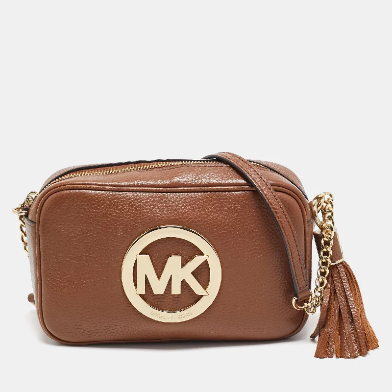 Metallic Crossbody Bag in Silver for New Year's Eve and Special CelebrationsMichael Kors Brown Leather Logo Camera Crossbody Bag