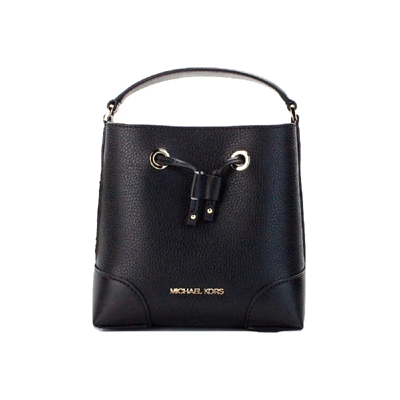 Women's Small Leather Crossbody Bag in Black with Gold Hardware for Evening PartiesMichael Kors Mercer Small Black Pebbled Leather Bucket Crossbody Bag Purse